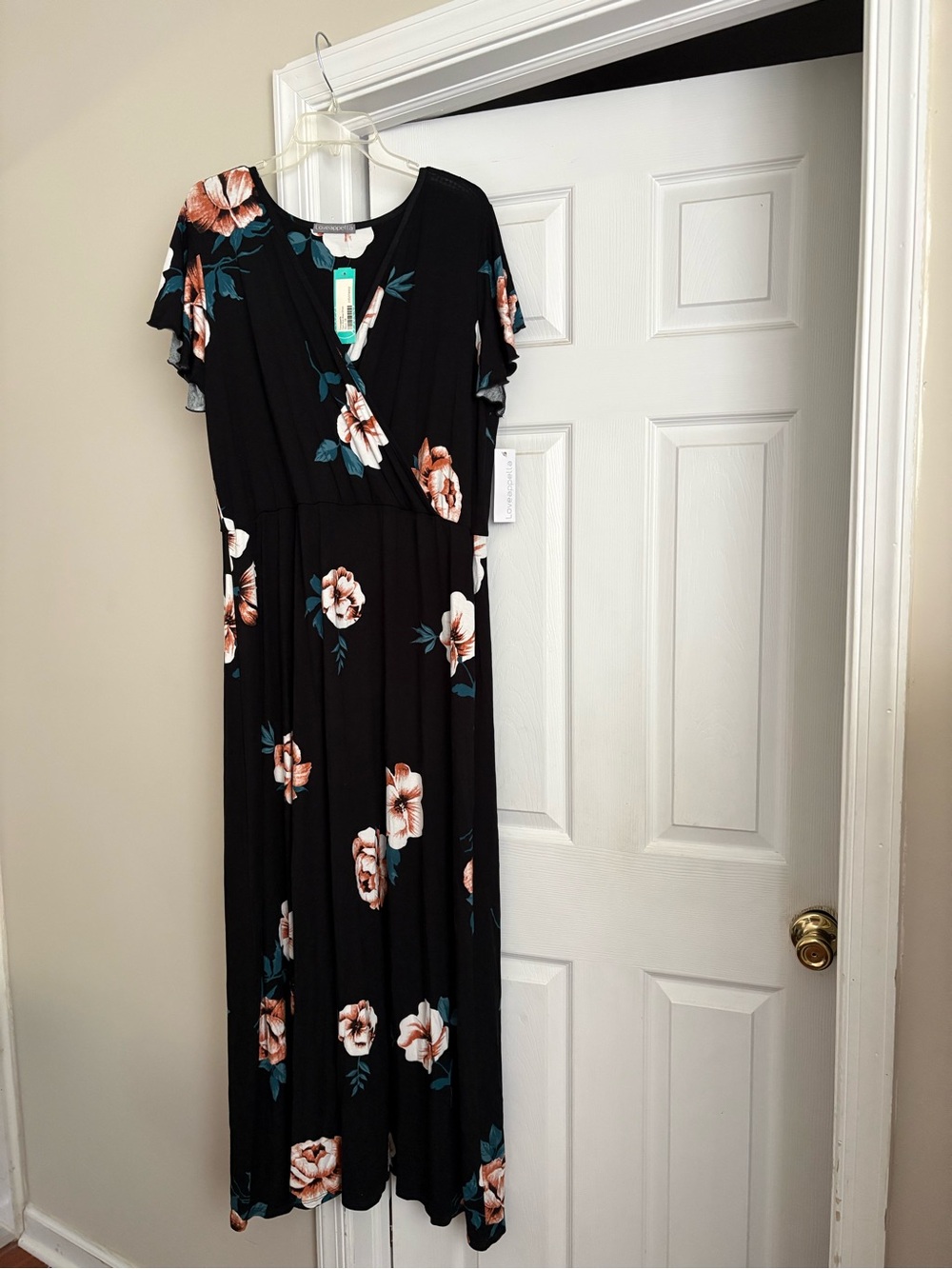 Loveappella Black Floral Wrap Maxi Dress with Blush & Teal Accents